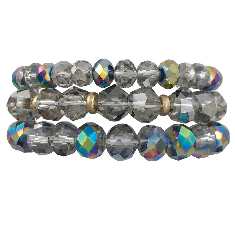 3 Row Layered Grey Vitrail Medium Glass Beaded Stretch Bracelet Set